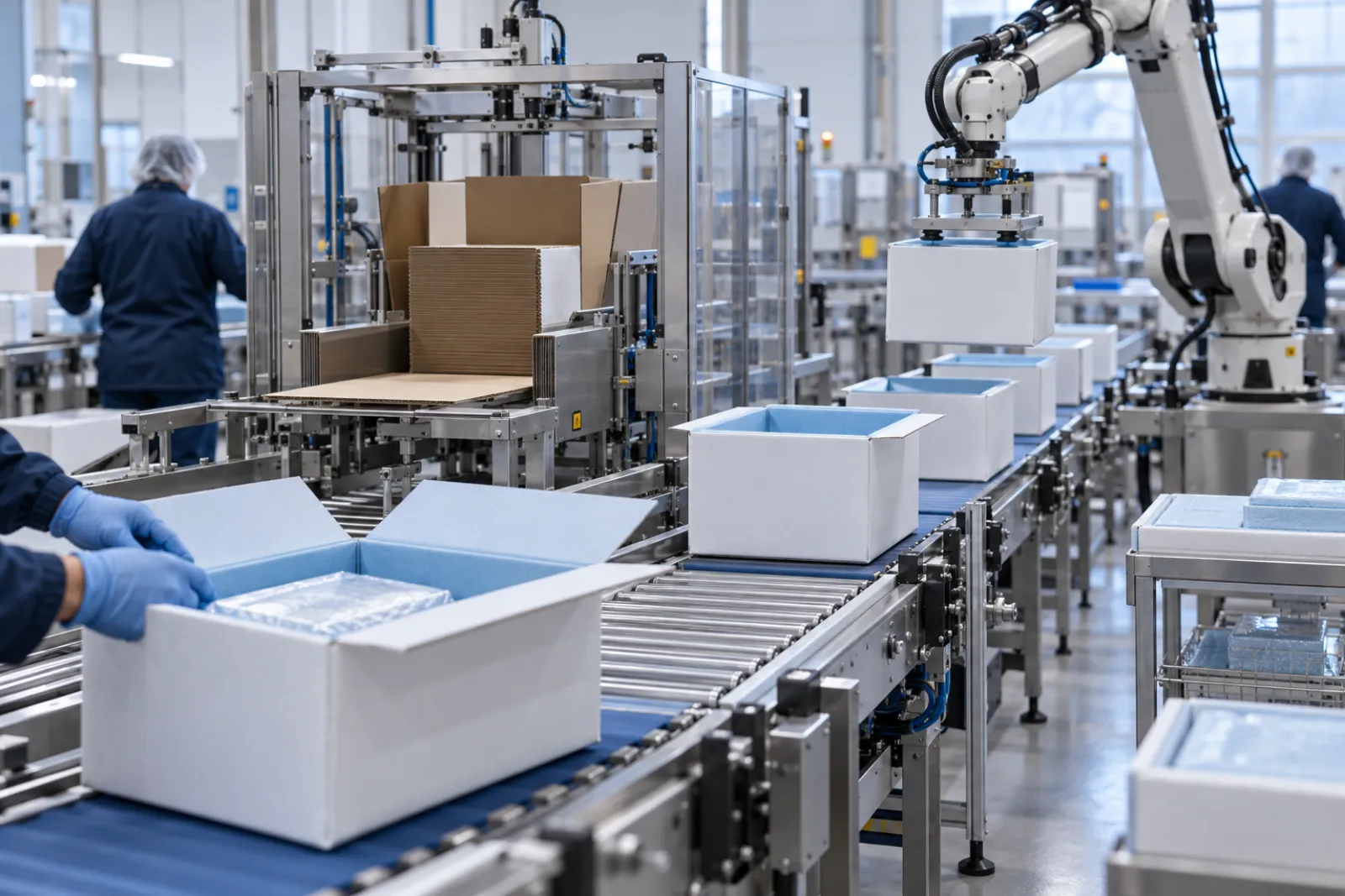 Illustrative image of a cold chain packout station with shippers and refrigerant packs