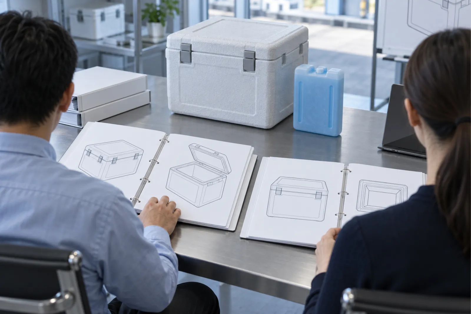 Illustrative image of procurement documents and a checklist beside packout equipment